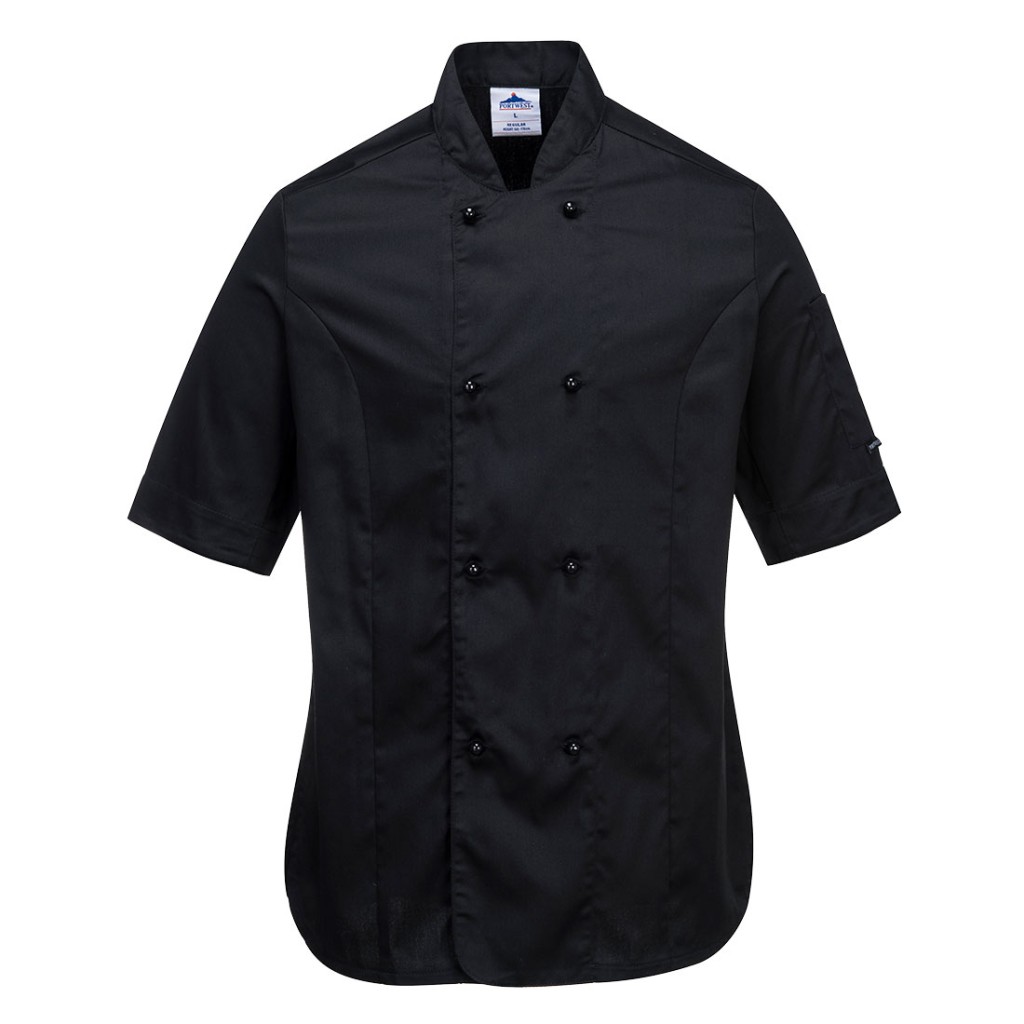 A women's black jacket designed for use on construction sites and in industrial work environments.,