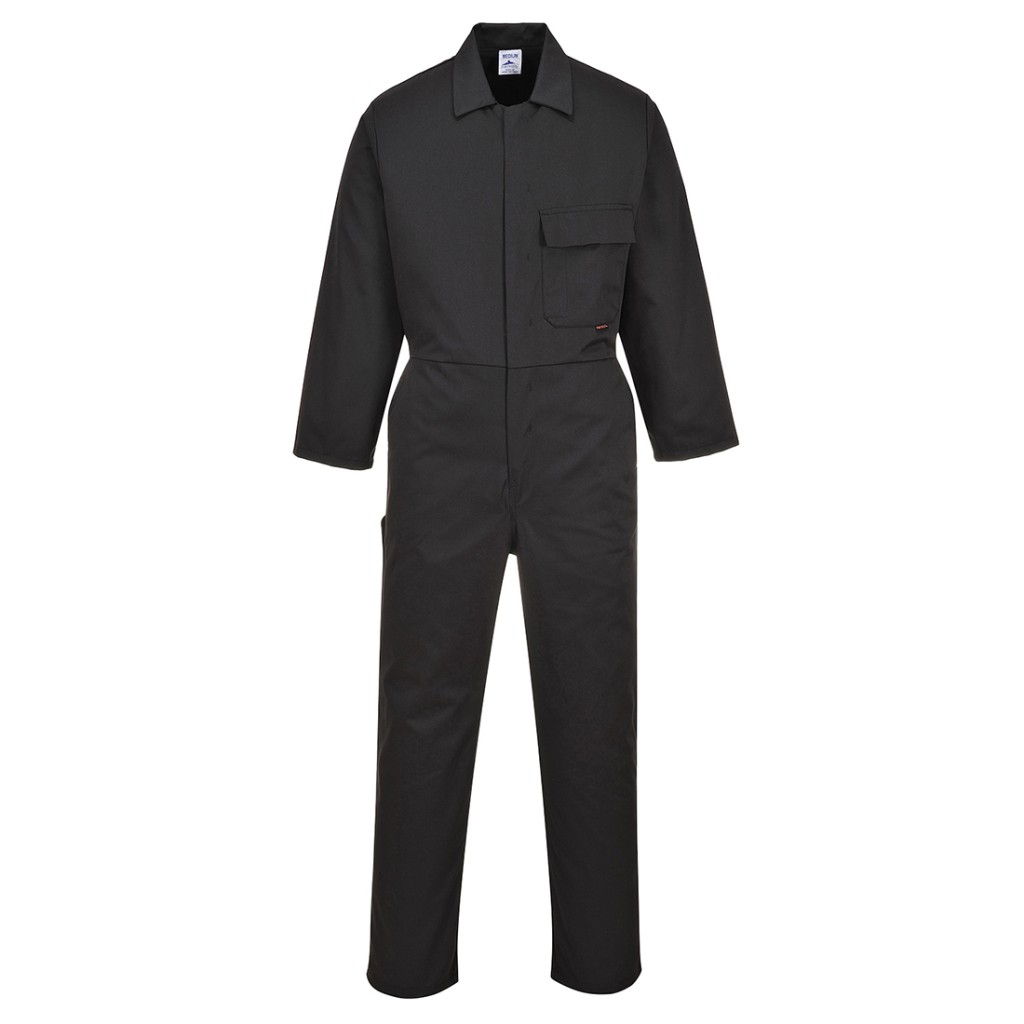 A black coverall designed for use on construction sites and in industrial work environments.,