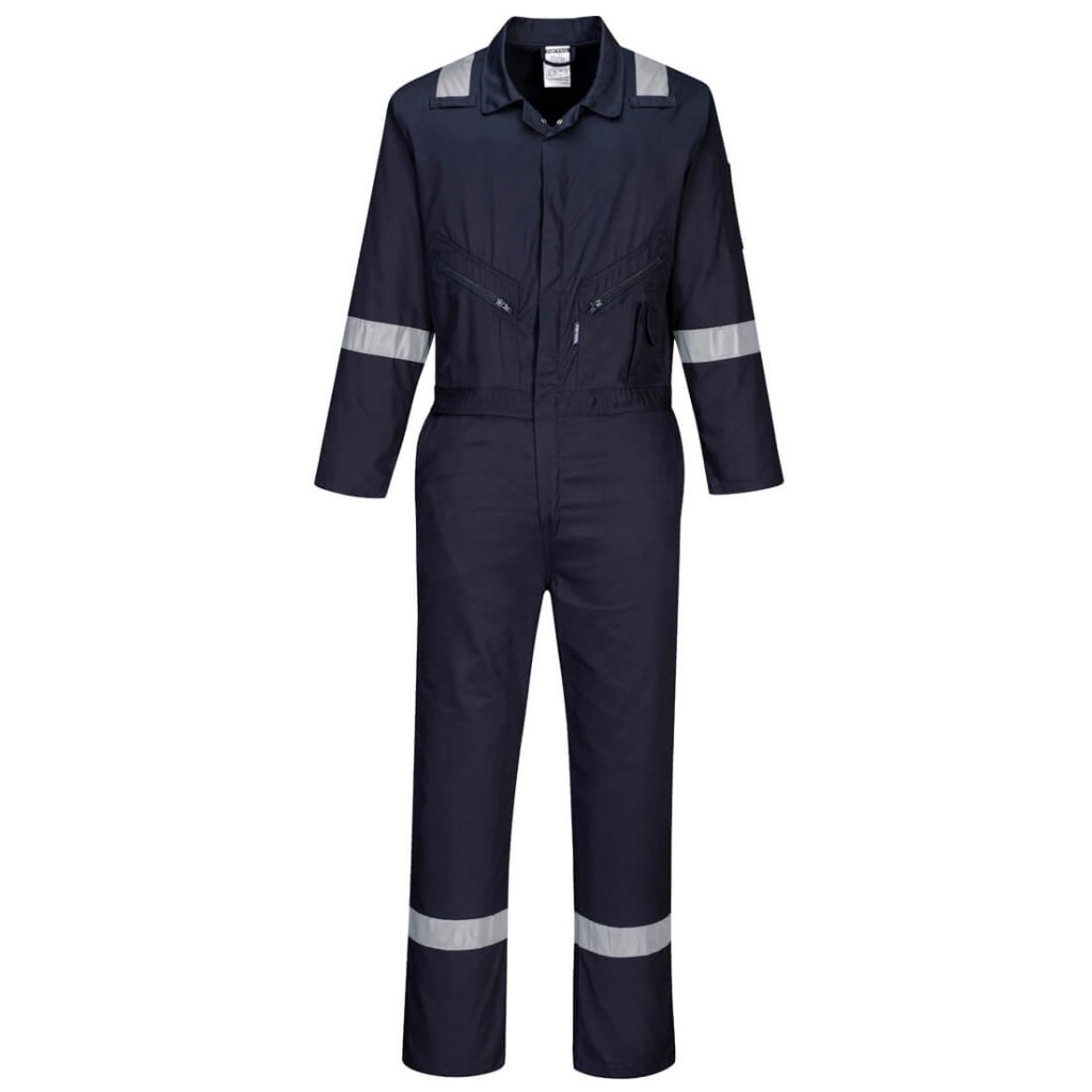 A navy blue coverall designed for use on construction sites and in industrial work environments.,