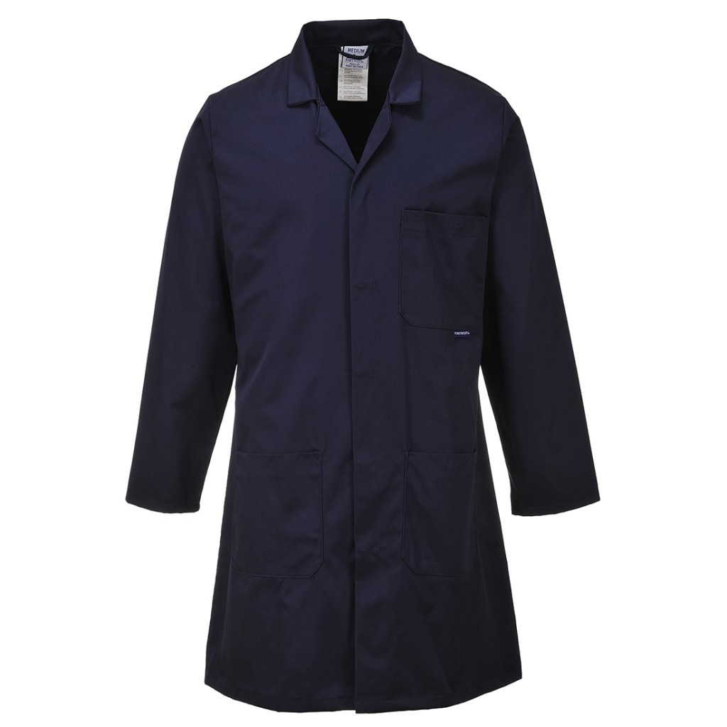 A navy blue jacket designed for use on construction sites and in industrial work environments.,