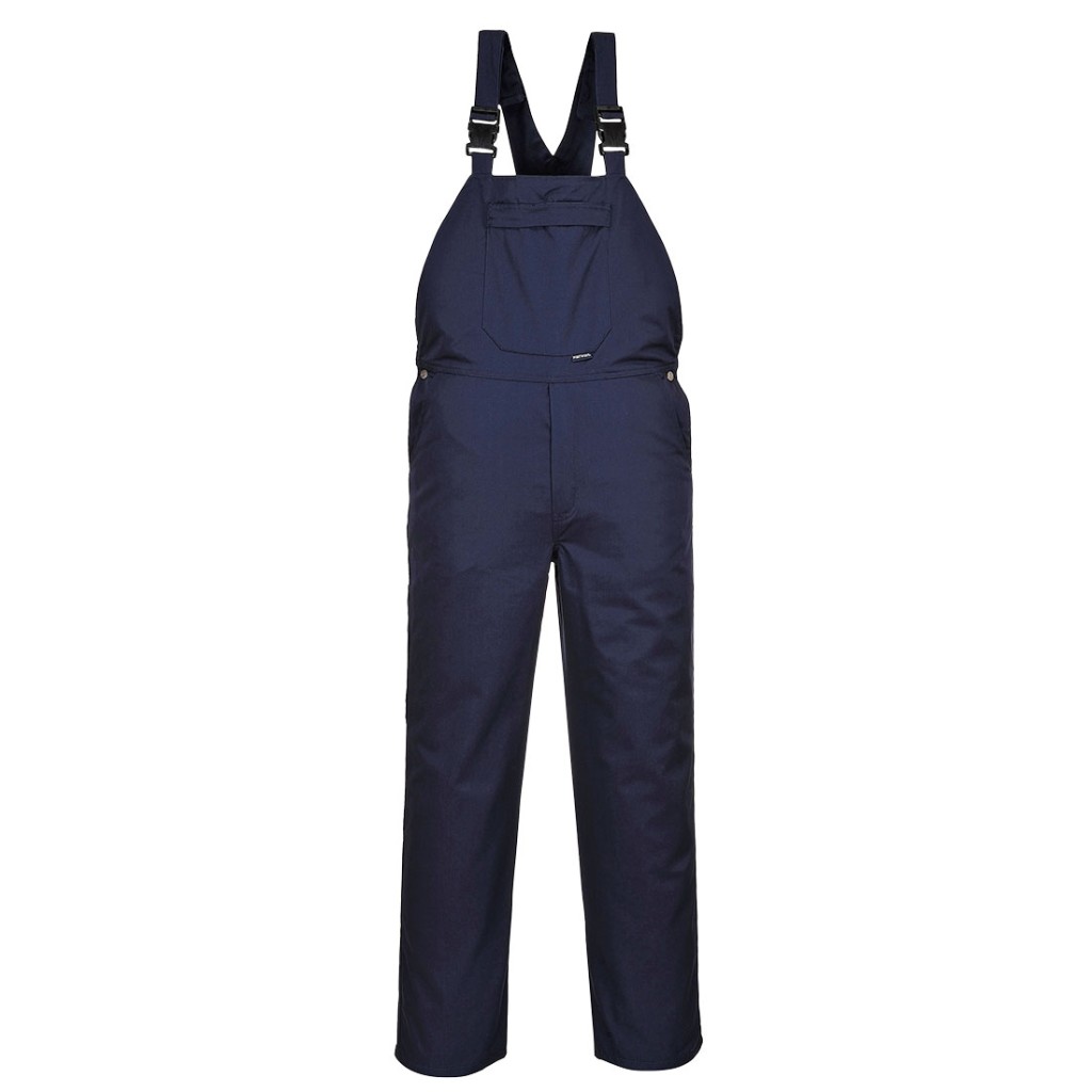 A navy blue workwear garment designed for use on construction sites and in industrial work environments.,