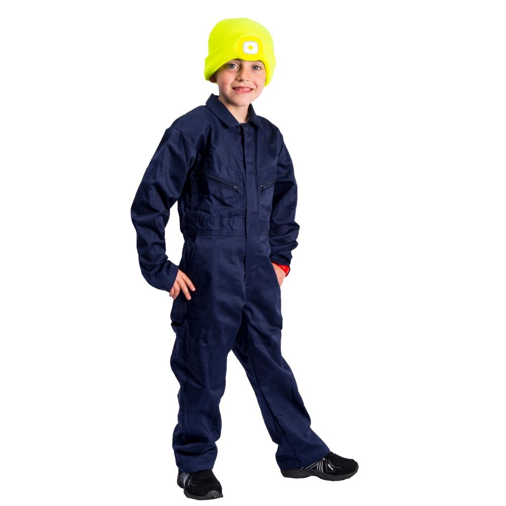 A navy blue coverall designed for use on construction sites and in industrial work environments.,