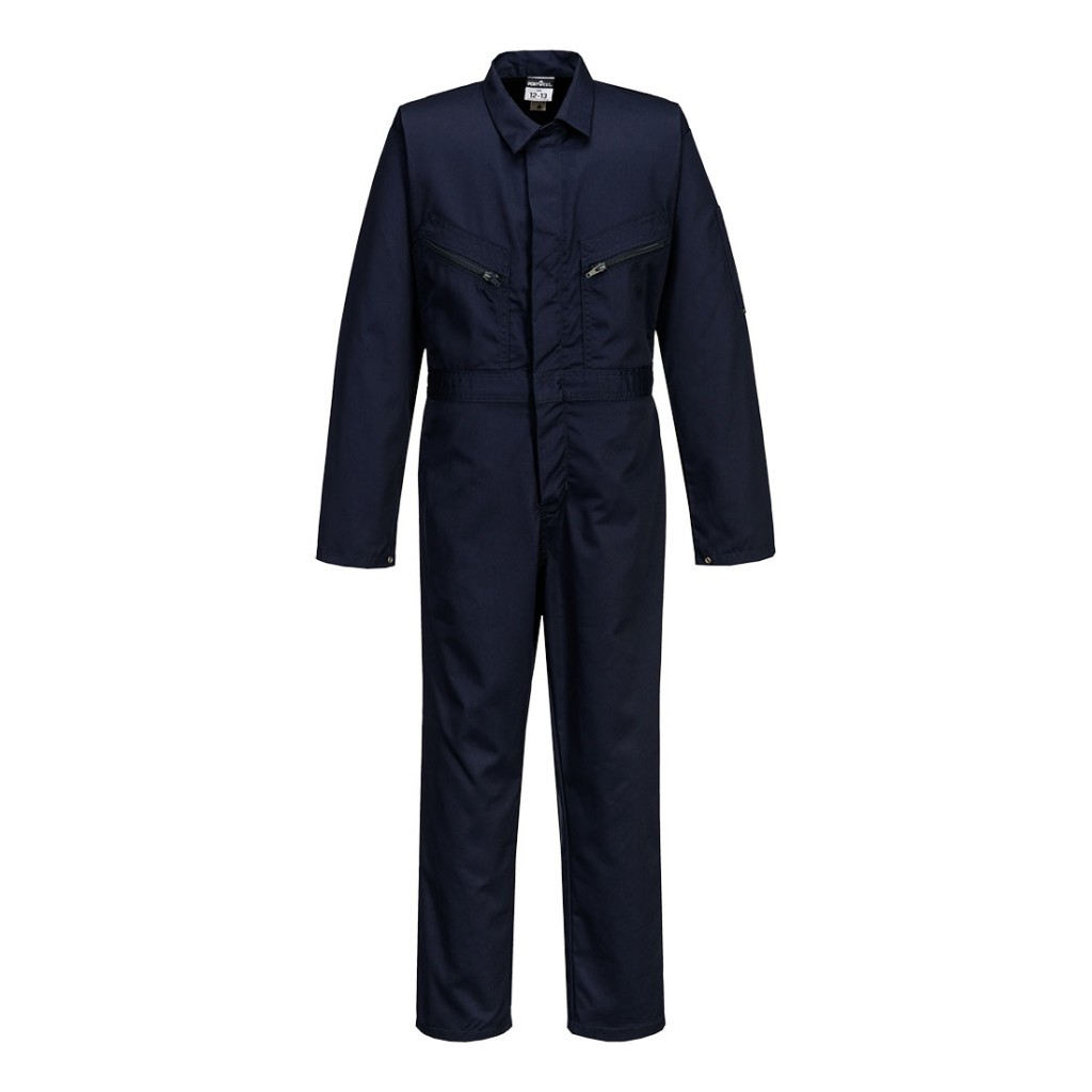 A navy blue coverall designed for use on construction sites and in industrial work environments.,