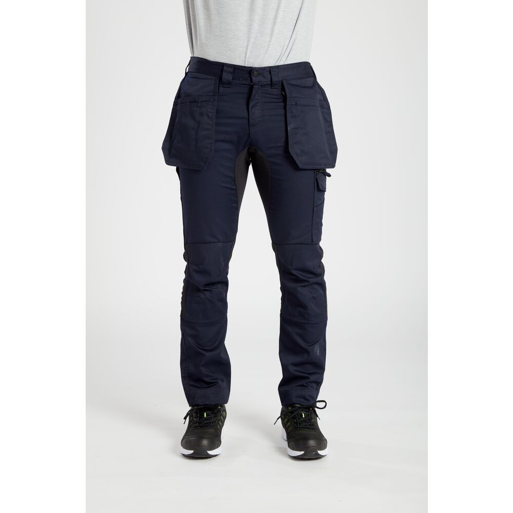 A pair of navy blue work trousers featuring stretch panels for ease of movement, suitable for a wide range of outdoor and site work applications.