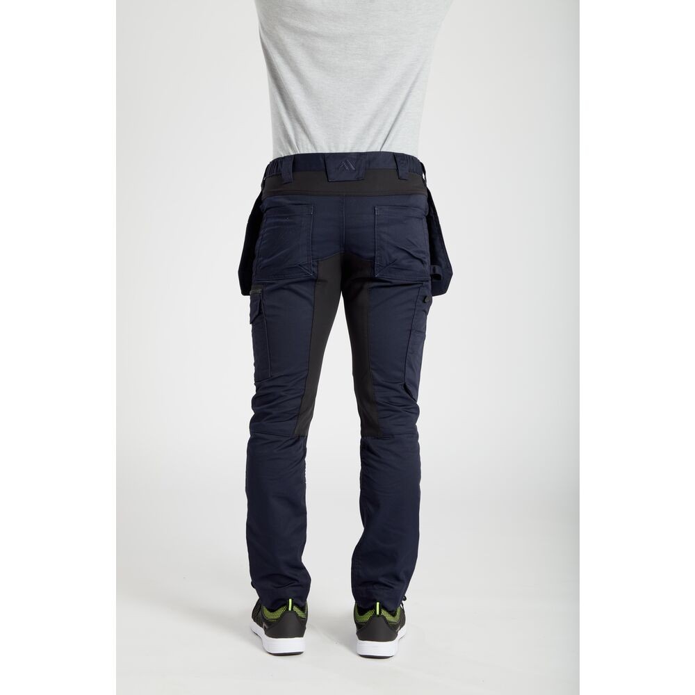 A pair of navy blue work trousers featuring stretch panels for ease of movement, suitable for a wide range of outdoor and site work applications.