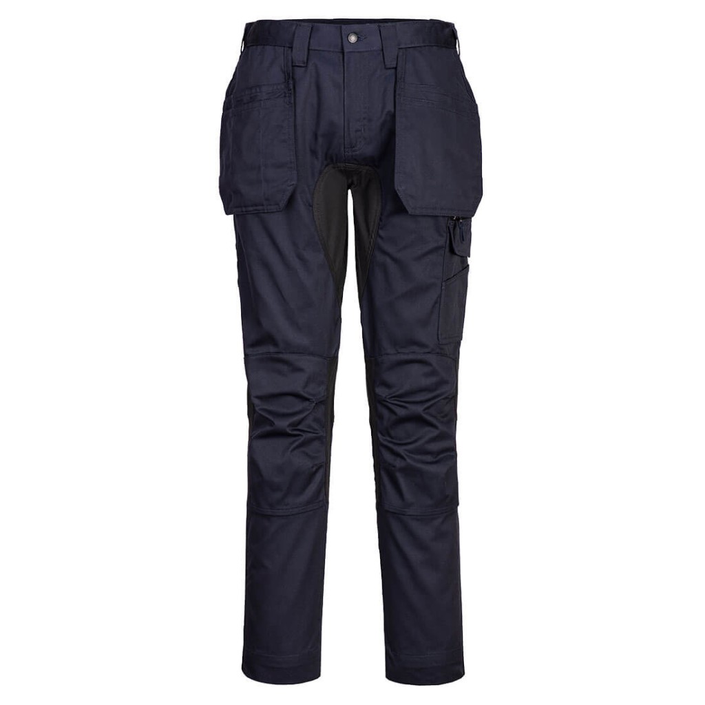 A pair of navy blue work trousers featuring stretch panels for ease of movement, suitable for a wide range of outdoor and site work applications.