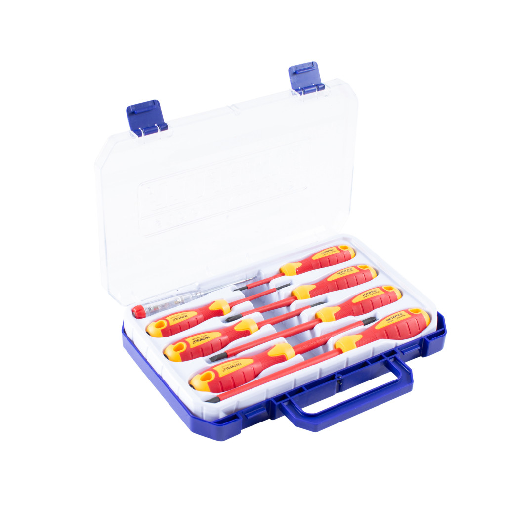 A blue and clear plastic case containing a set of red and yellow insulated screwdrivers, neatly arranged in molded slots, with the lid open.