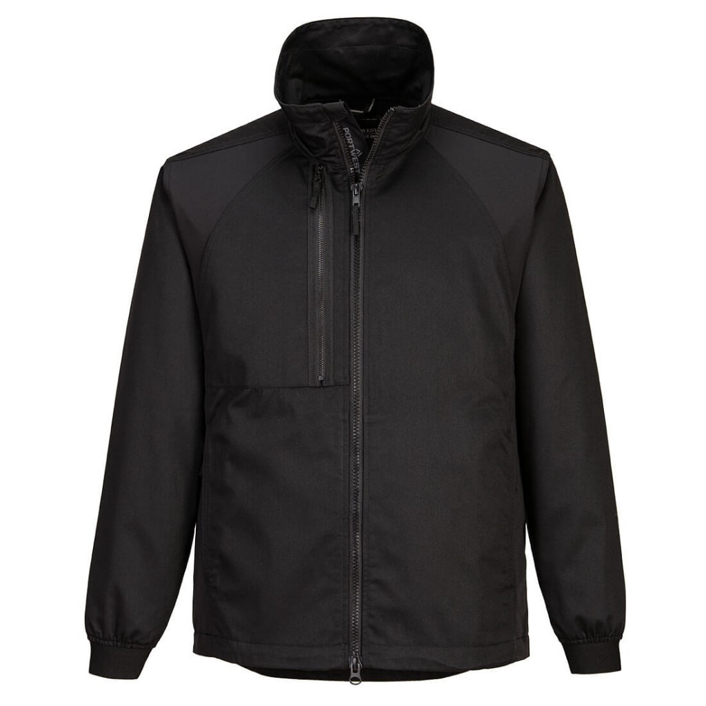A black jacket featuring stretch panels for ease of movement, suitable for a wide range of outdoor and site work applications.
