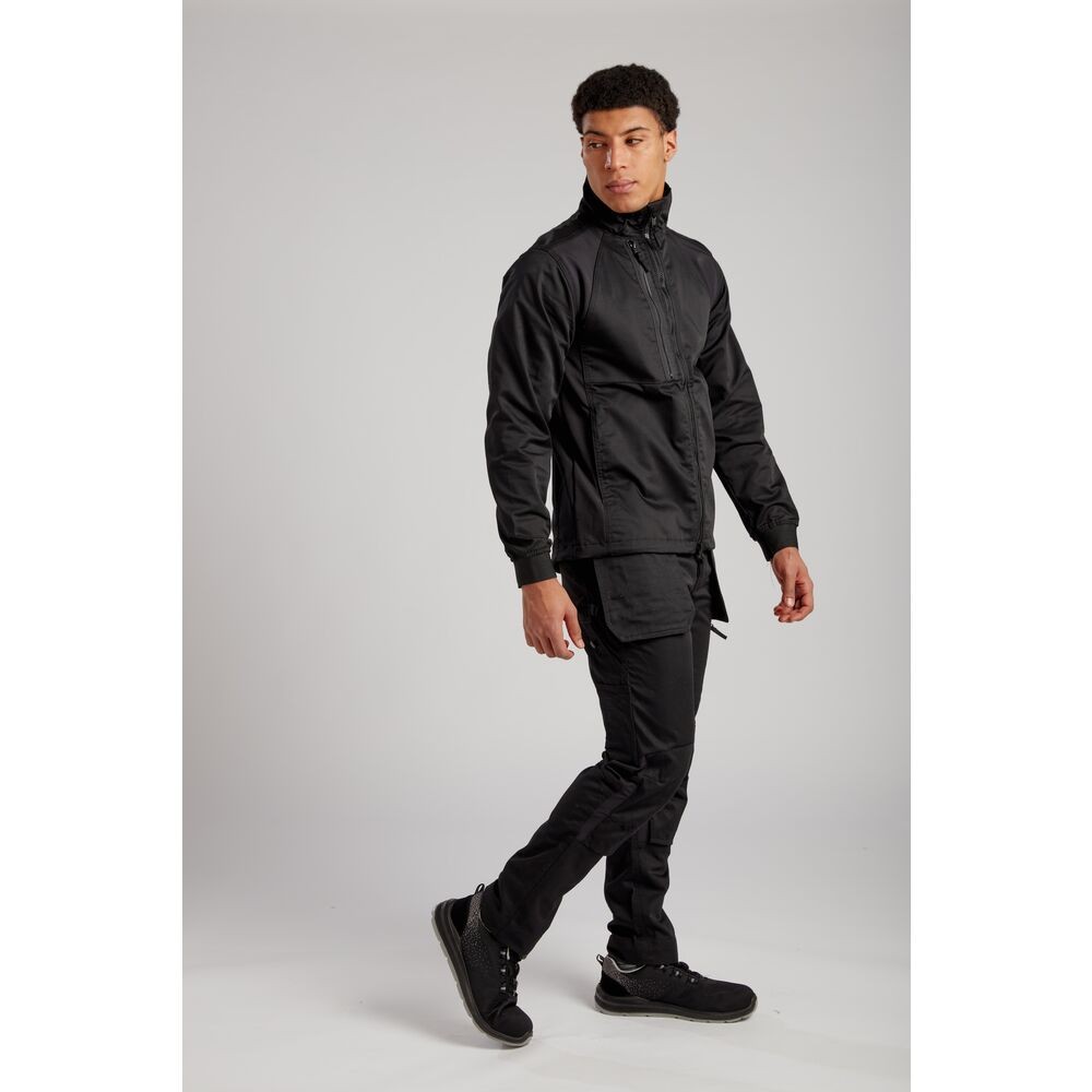 A black jacket featuring stretch panels for ease of movement, suitable for a wide range of outdoor and site work applications.