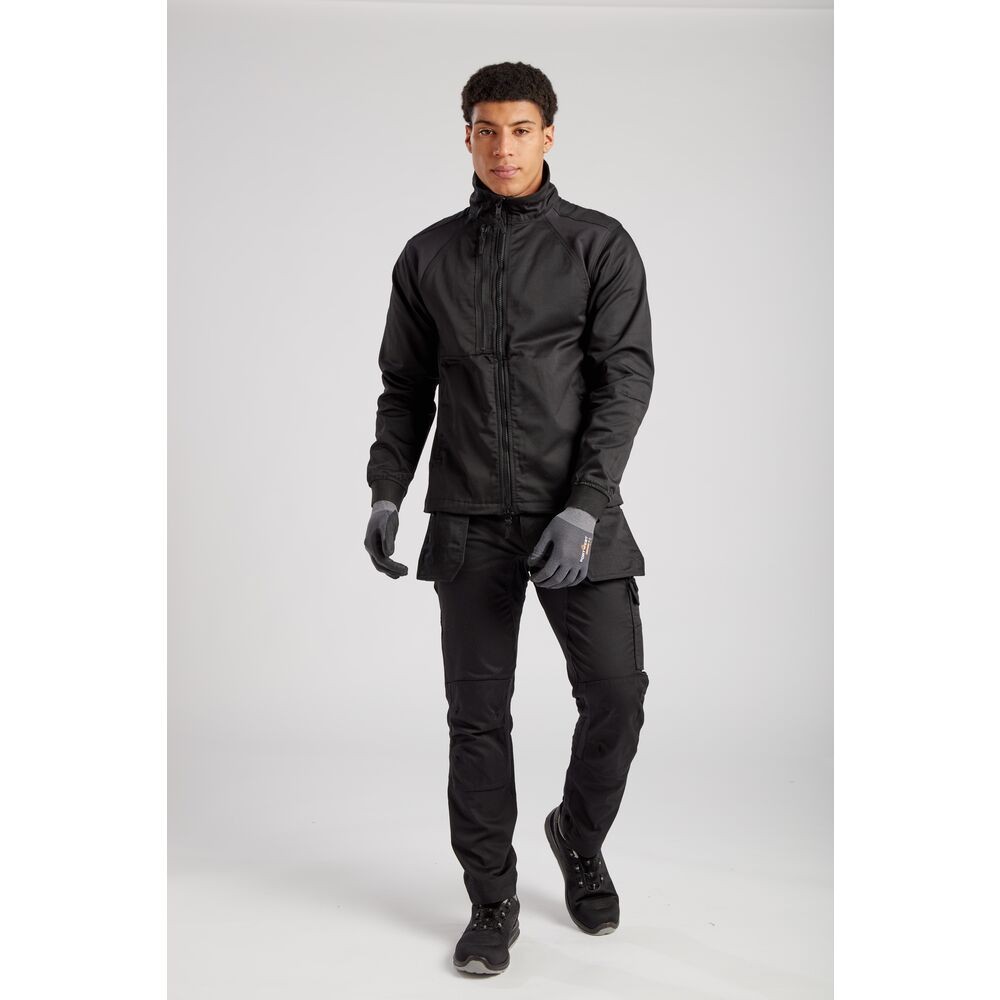 A black jacket featuring stretch panels for ease of movement, suitable for a wide range of outdoor and site work applications.