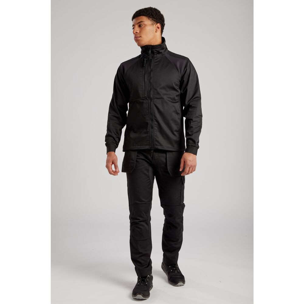 A black jacket featuring stretch panels for ease of movement, suitable for a wide range of outdoor and site work applications.