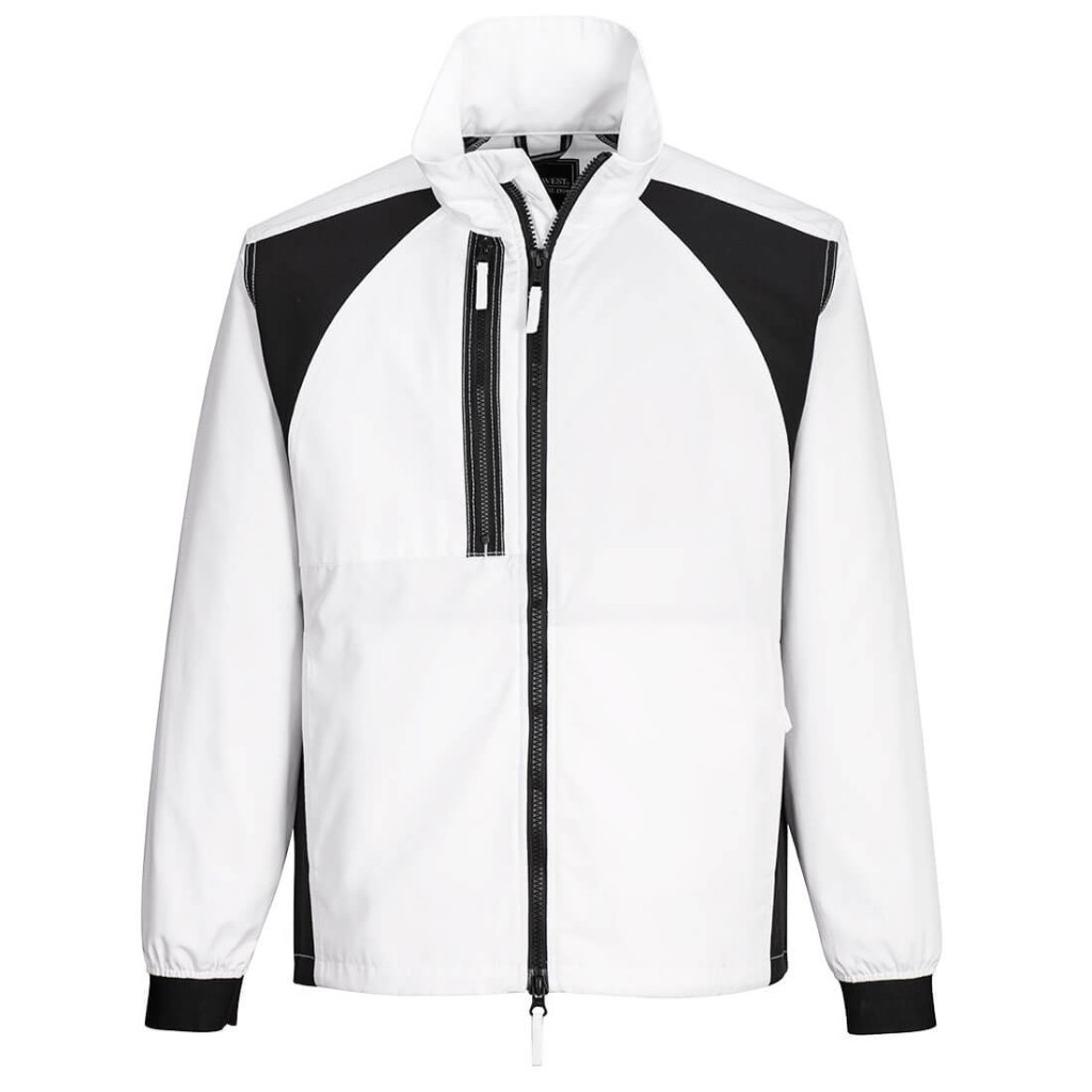 A white jacket featuring stretch panels for ease of movement, suitable for a wide range of outdoor and site work applications.