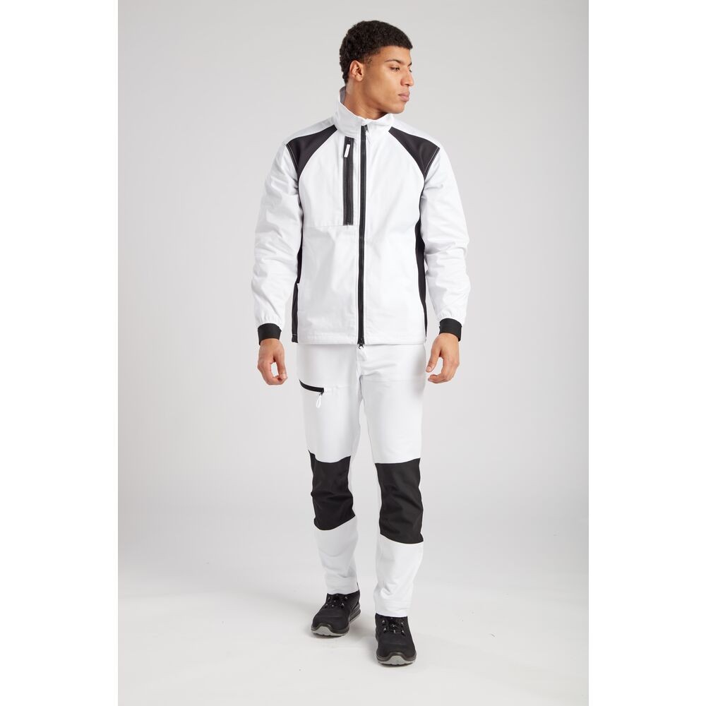 A white jacket featuring stretch panels for ease of movement, suitable for a wide range of outdoor and site work applications.