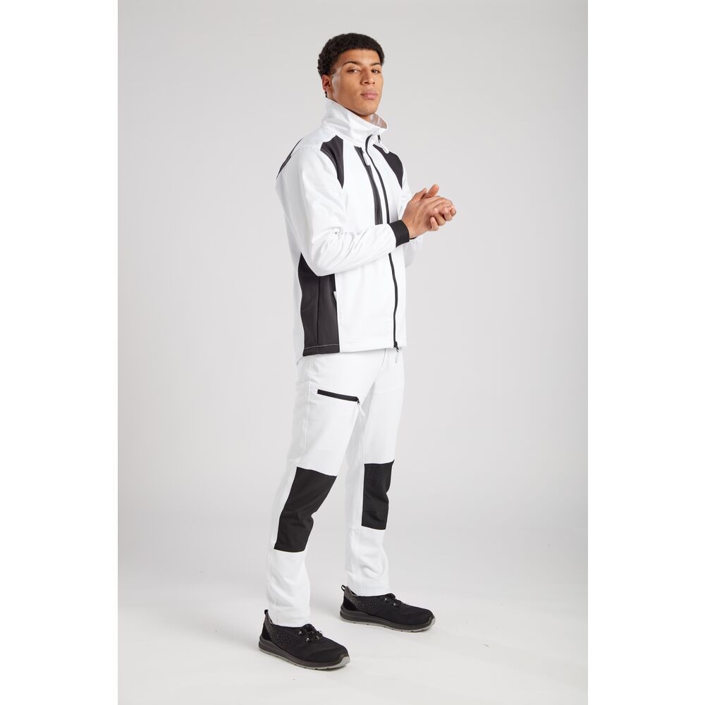 A white jacket featuring stretch panels for ease of movement, suitable for a wide range of outdoor and site work applications.