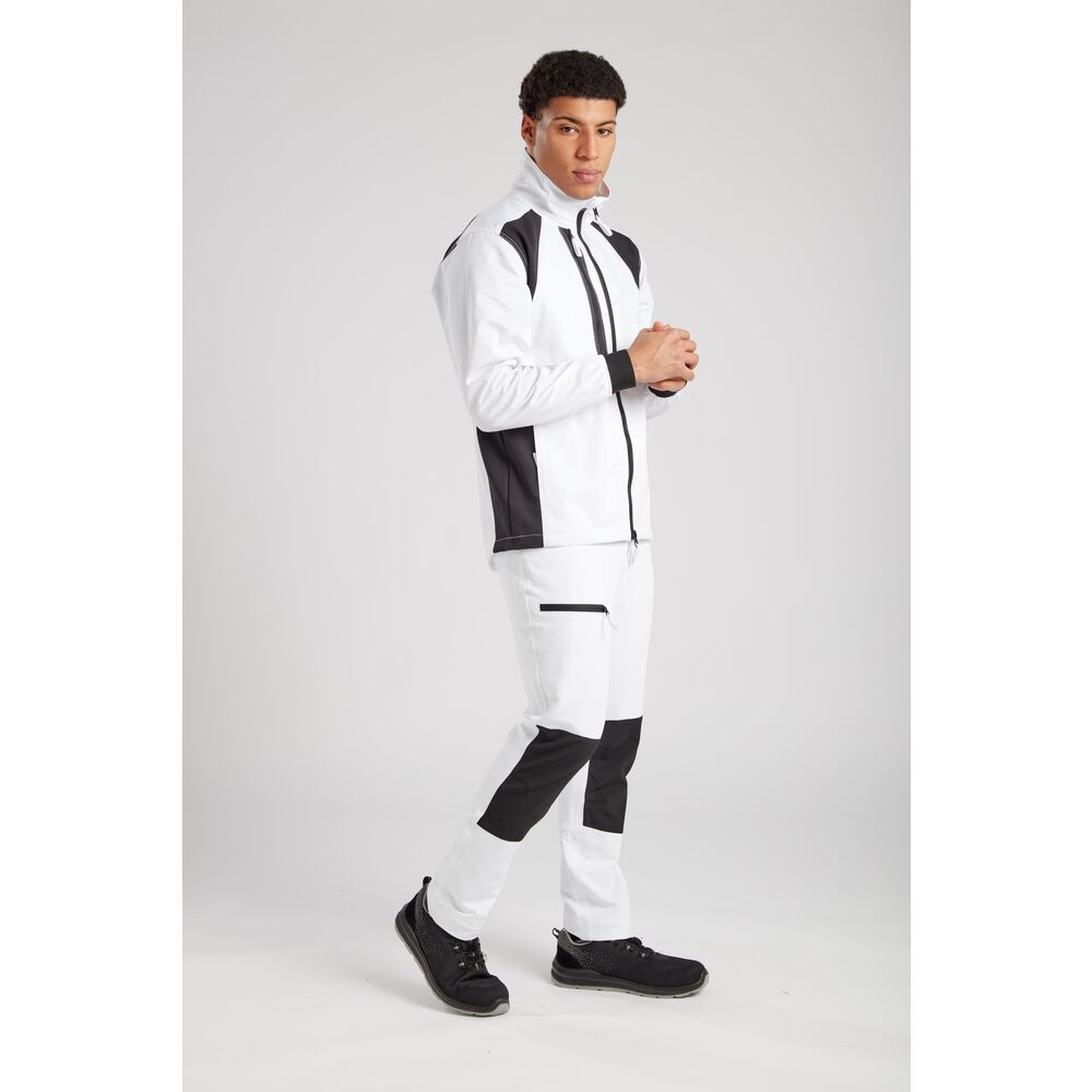 A white jacket featuring stretch panels for ease of movement, suitable for a wide range of outdoor and site work applications.