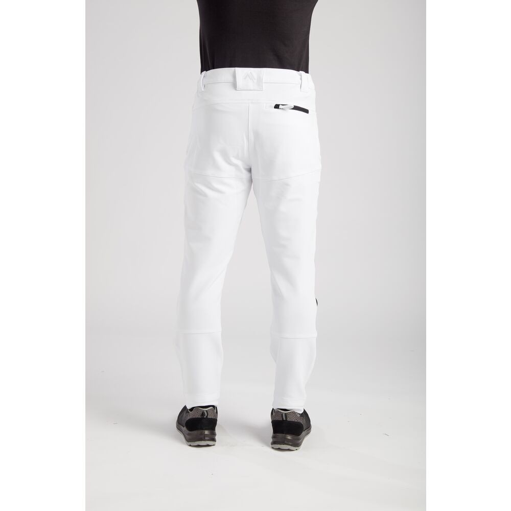 A pair of white work trousers featuring stretch panels for ease of movement, suitable for a wide range of outdoor and site work applications.