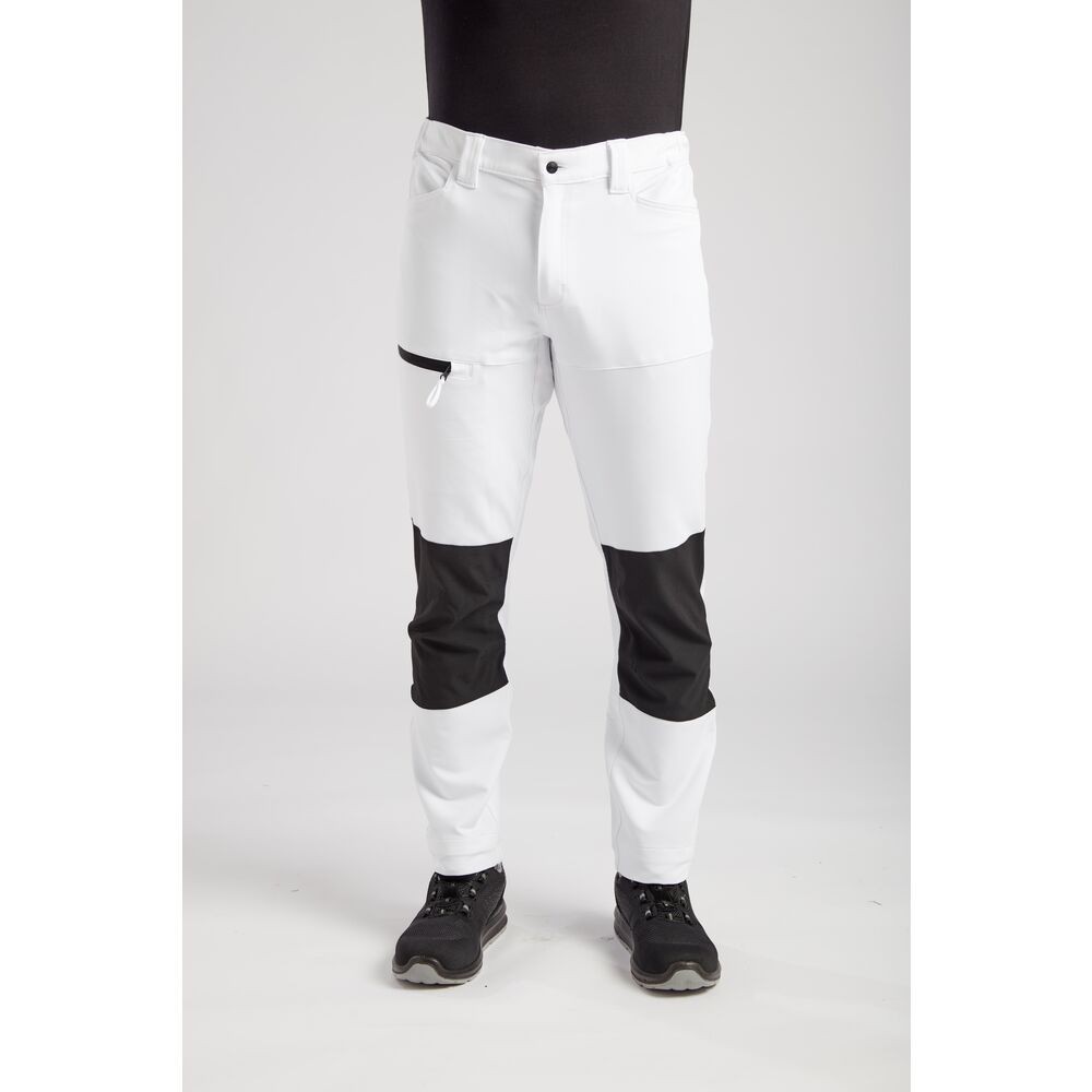 A pair of white work trousers featuring stretch panels for ease of movement, suitable for a wide range of outdoor and site work applications.