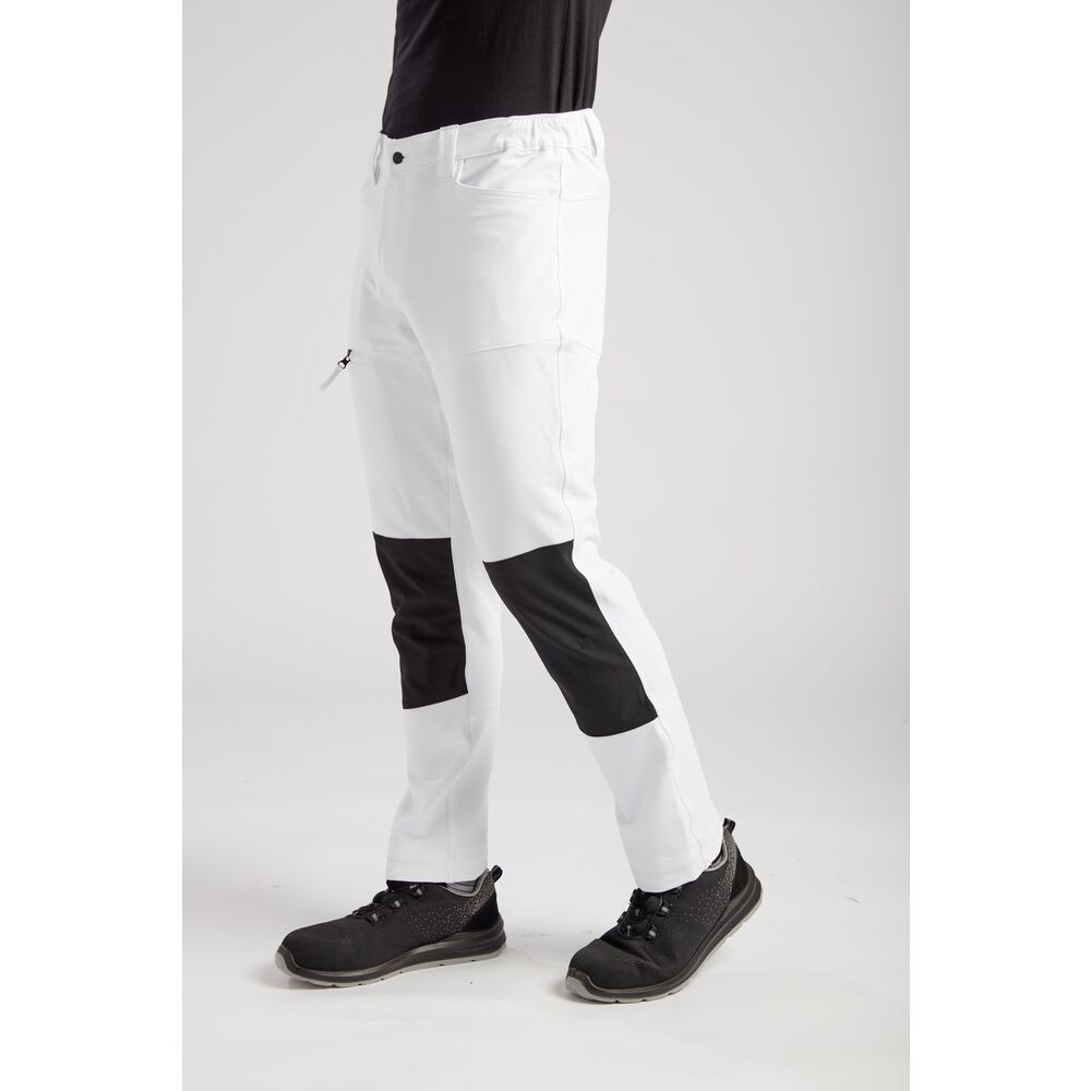 A pair of white work trousers featuring stretch panels for ease of movement, suitable for a wide range of outdoor and site work applications.