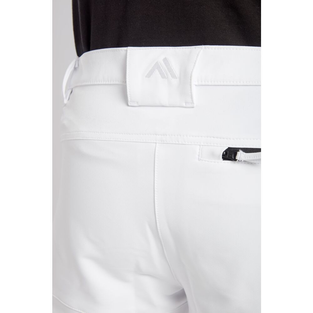 A pair of white work trousers featuring stretch panels for ease of movement, suitable for a wide range of outdoor and site work applications.