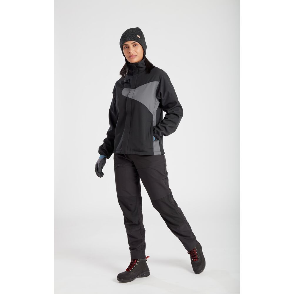 A pair of women's black work trousers featuring stretch panels for ease of movement, suitable for a wide range of outdoor and site work applications.