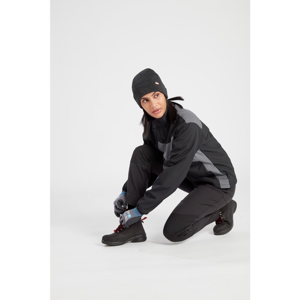 A pair of women's black work trousers featuring stretch panels for ease of movement, suitable for a wide range of outdoor and site work applications.