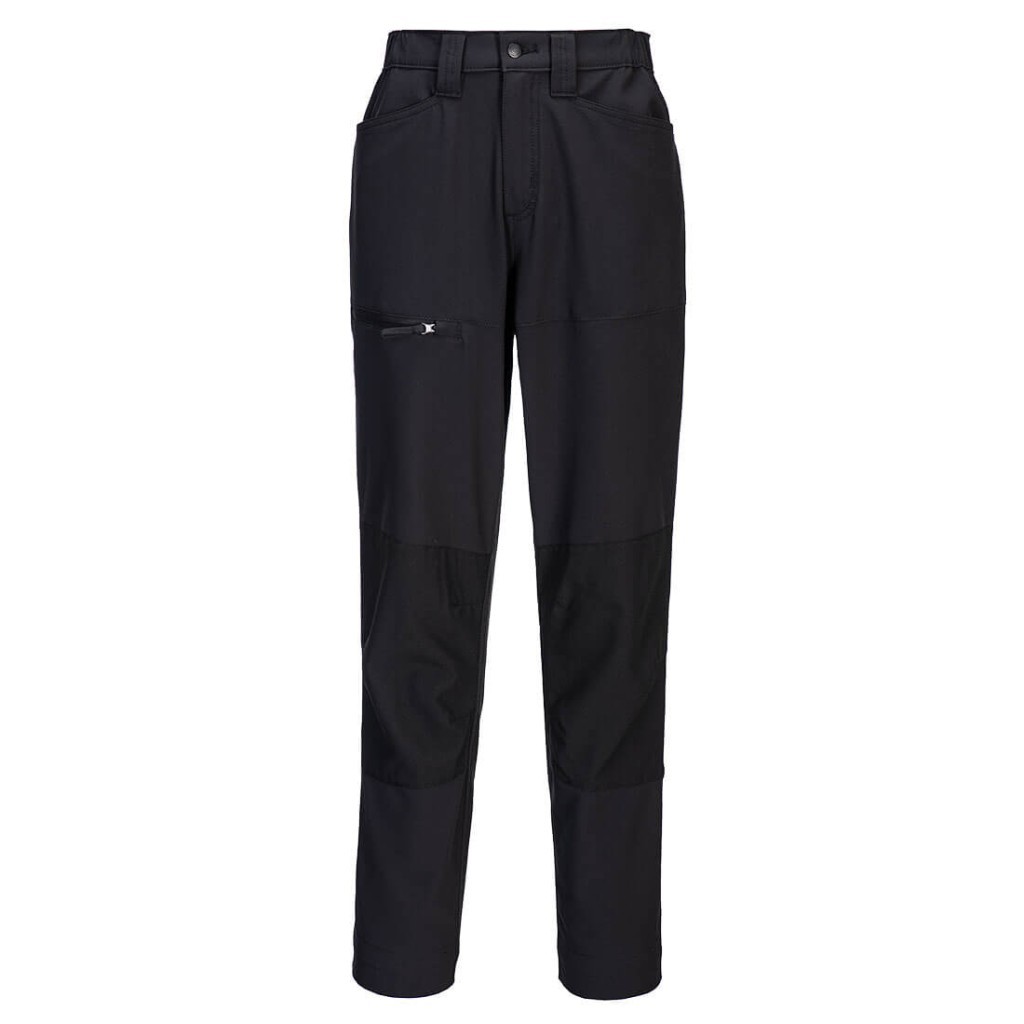 A pair of women's black work trousers featuring stretch panels for ease of movement, suitable for a wide range of outdoor and site work applications.