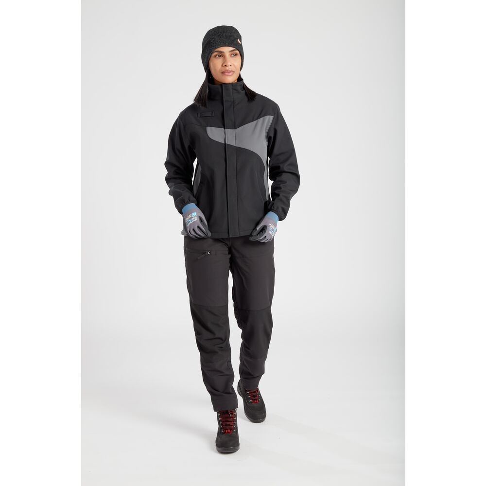 A pair of women's black work trousers featuring stretch panels for ease of movement, suitable for a wide range of outdoor and site work applications.