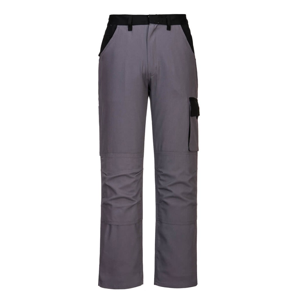 A pair of grey work trousers designed for use on construction sites and in industrial work environments.,