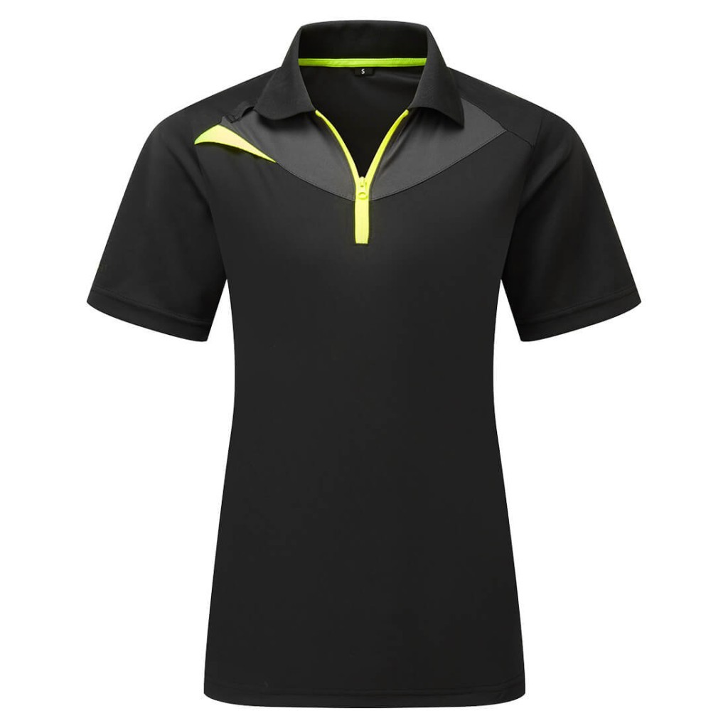 A women's black polo shirt designed for use on construction sites and in industrial work environments.,