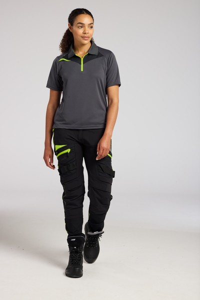 A women's grey polo shirt designed for use on construction sites and in industrial work environments.,
