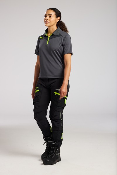A women's grey polo shirt designed for use on construction sites and in industrial work environments.,