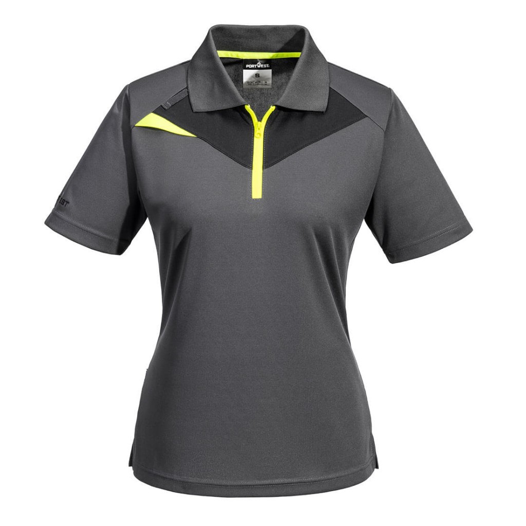 A women's grey polo shirt designed for use on construction sites and in industrial work environments.,