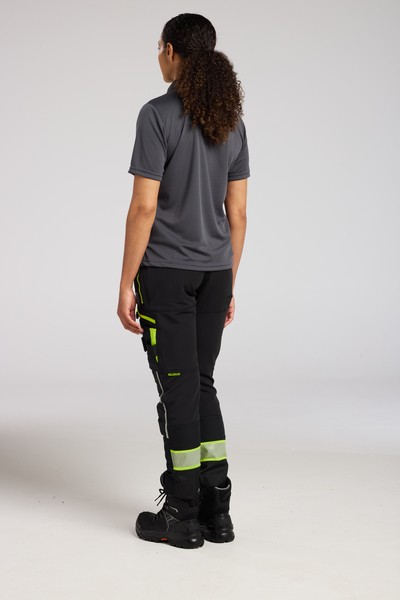 A women's grey polo shirt designed for use on construction sites and in industrial work environments.,