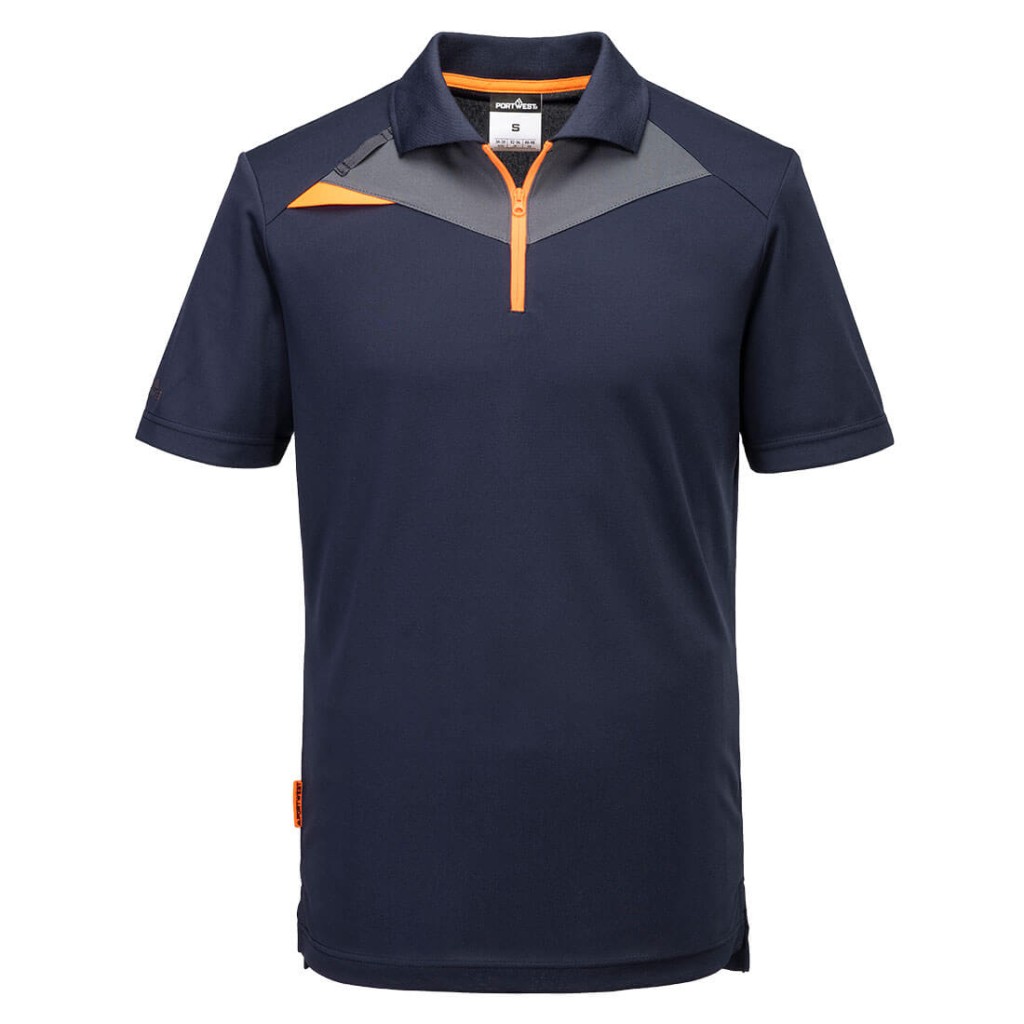 A navy blue polo shirt designed for use on construction sites and in industrial work environments.,
