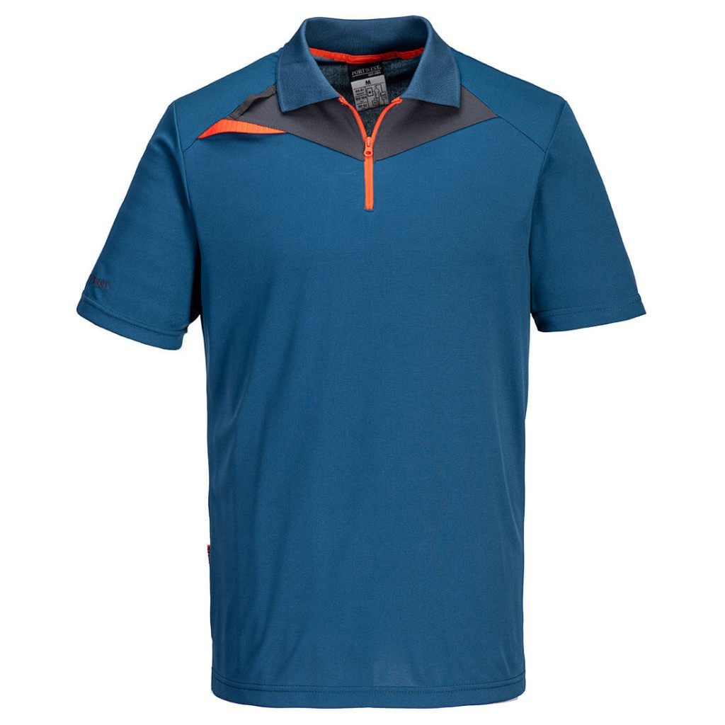 A blue polo shirt designed for use on construction sites and in industrial work environments.,
