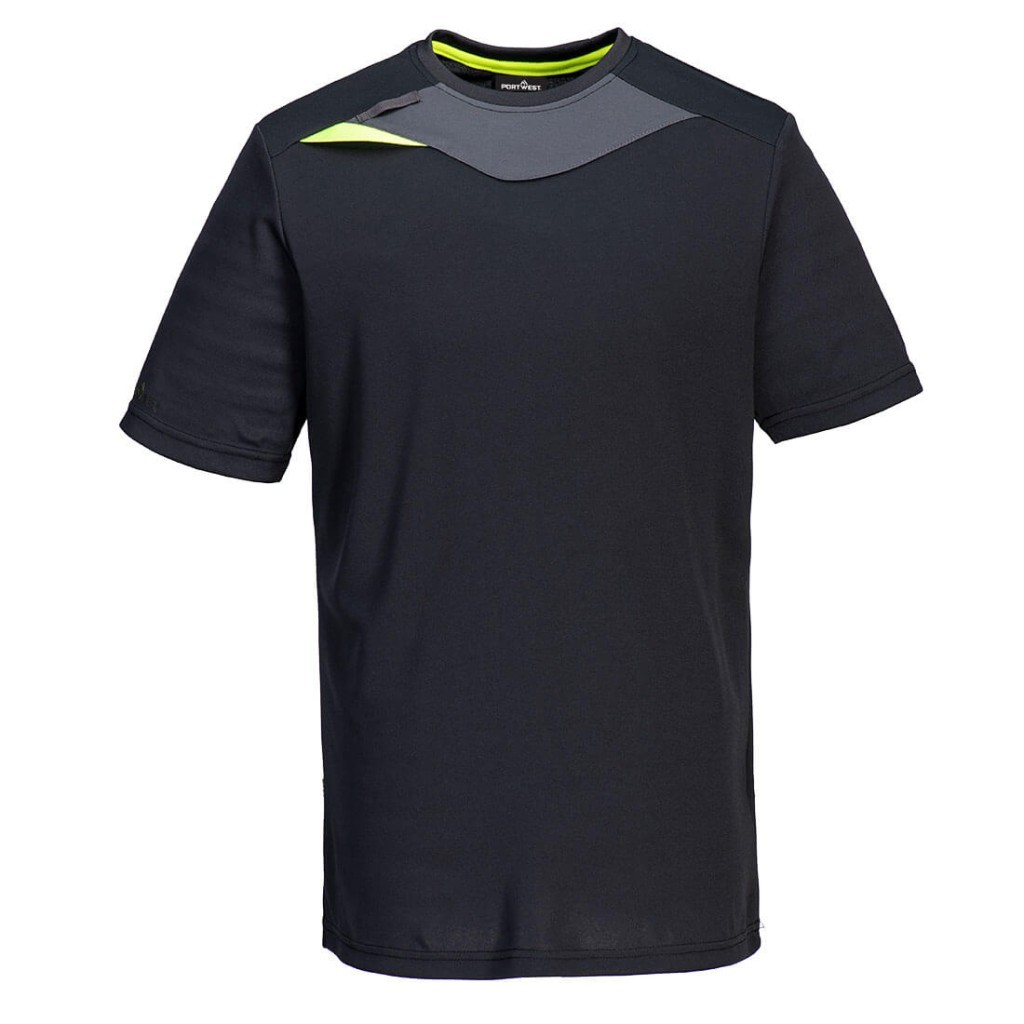 A black work shirt designed for use on construction sites and in industrial work environments.,