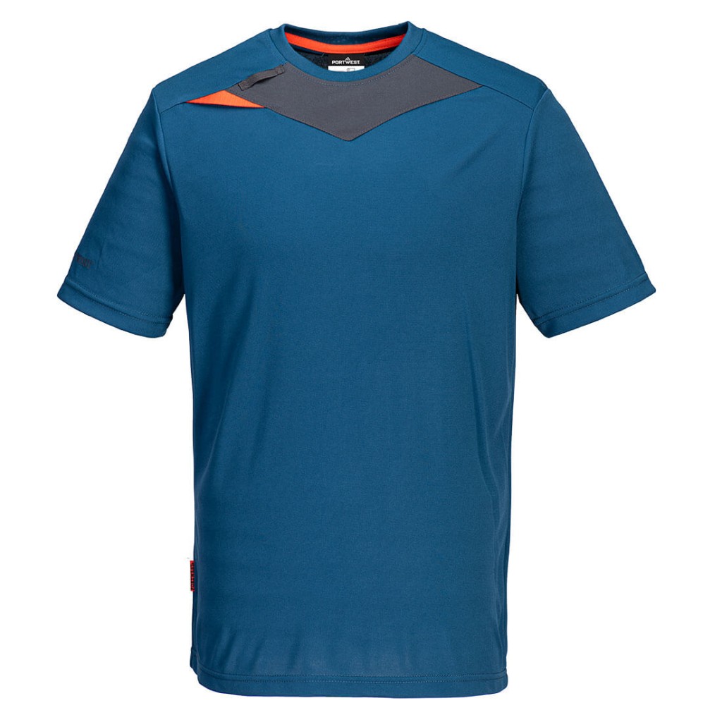 A blue work shirt designed for use on construction sites and in industrial work environments.,