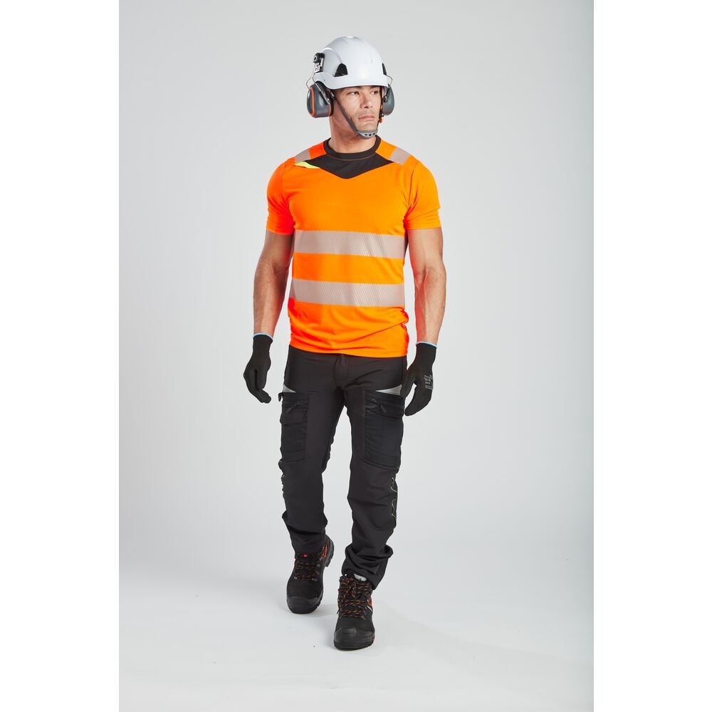 A high-visibility orange work shirt featuring retroreflective tape panels, suitable for a wide range of outdoor and site work applications.