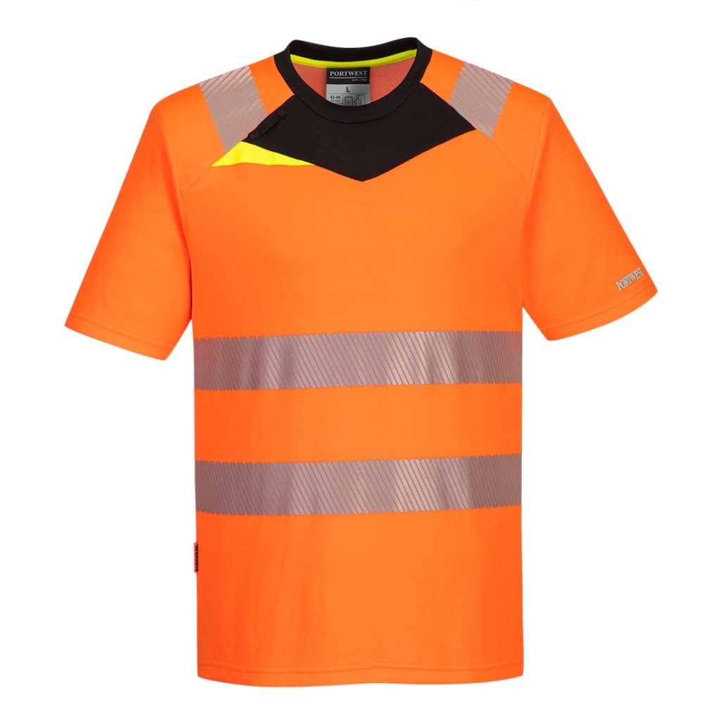 A high-visibility orange work shirt featuring retroreflective tape panels, suitable for a wide range of outdoor and site work applications.