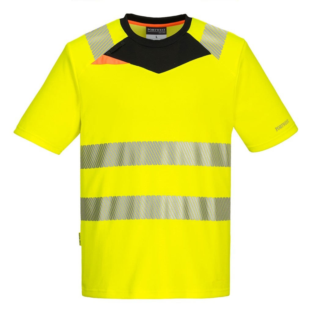 A high-visibility yellow work shirt featuring retroreflective tape panels, suitable for a wide range of outdoor and site work applications.