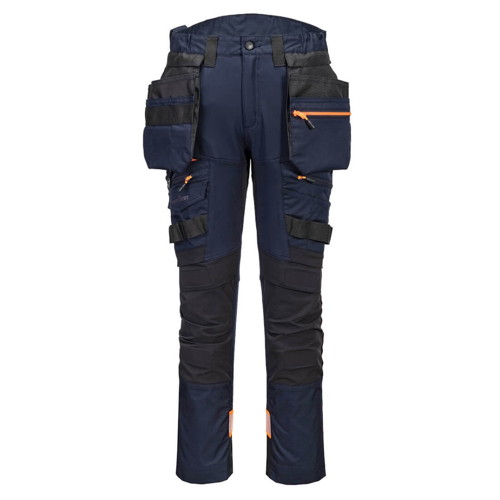 A pair of navy blue work trousers featuring functional pockets, suitable for a wide range of outdoor and site work applications.