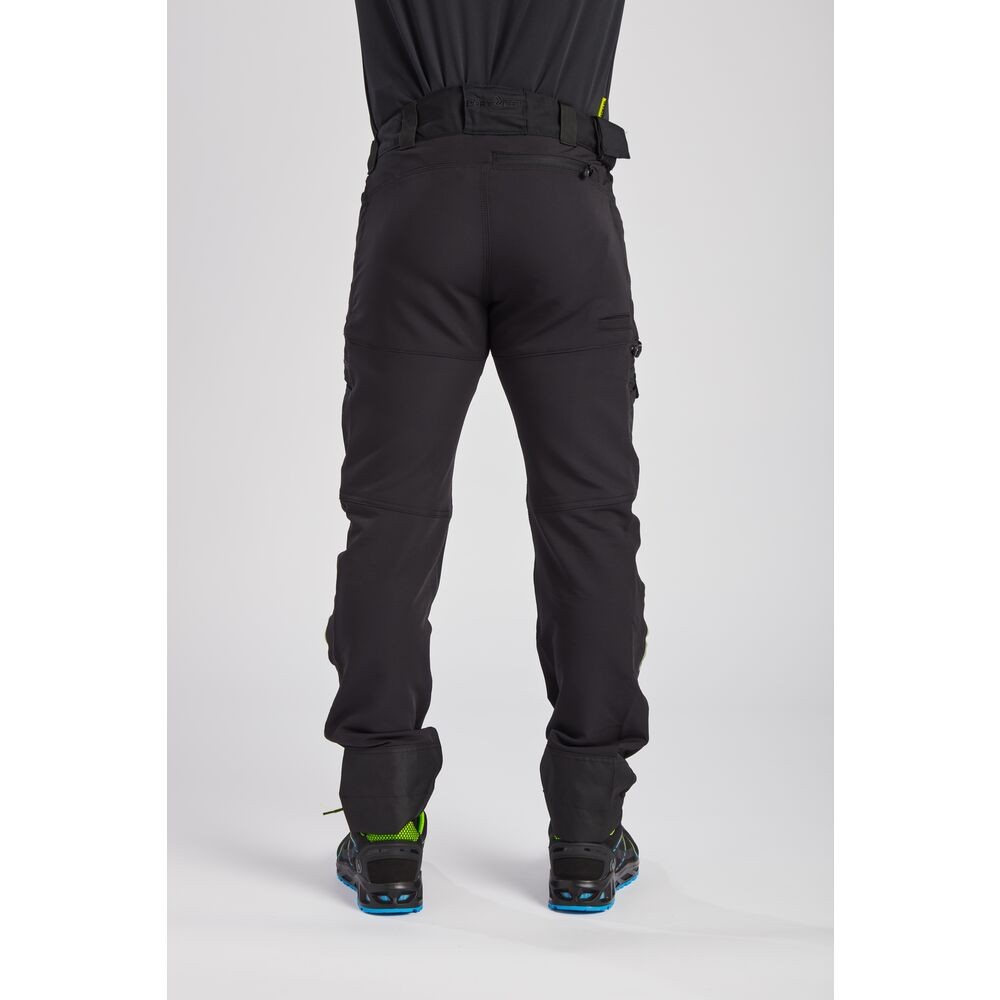 A pair of black work trousers designed for use on construction sites and in industrial work environments.,