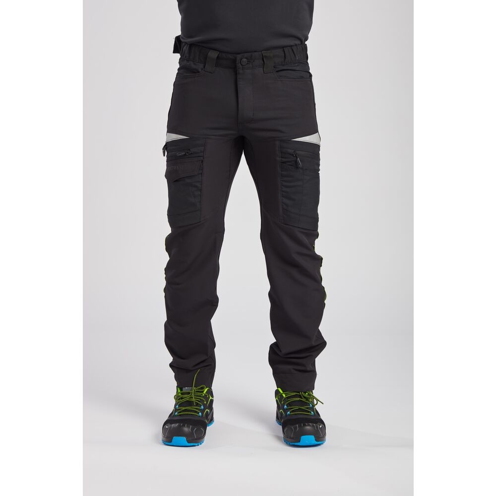 A pair of black work trousers designed for use on construction sites and in industrial work environments.,