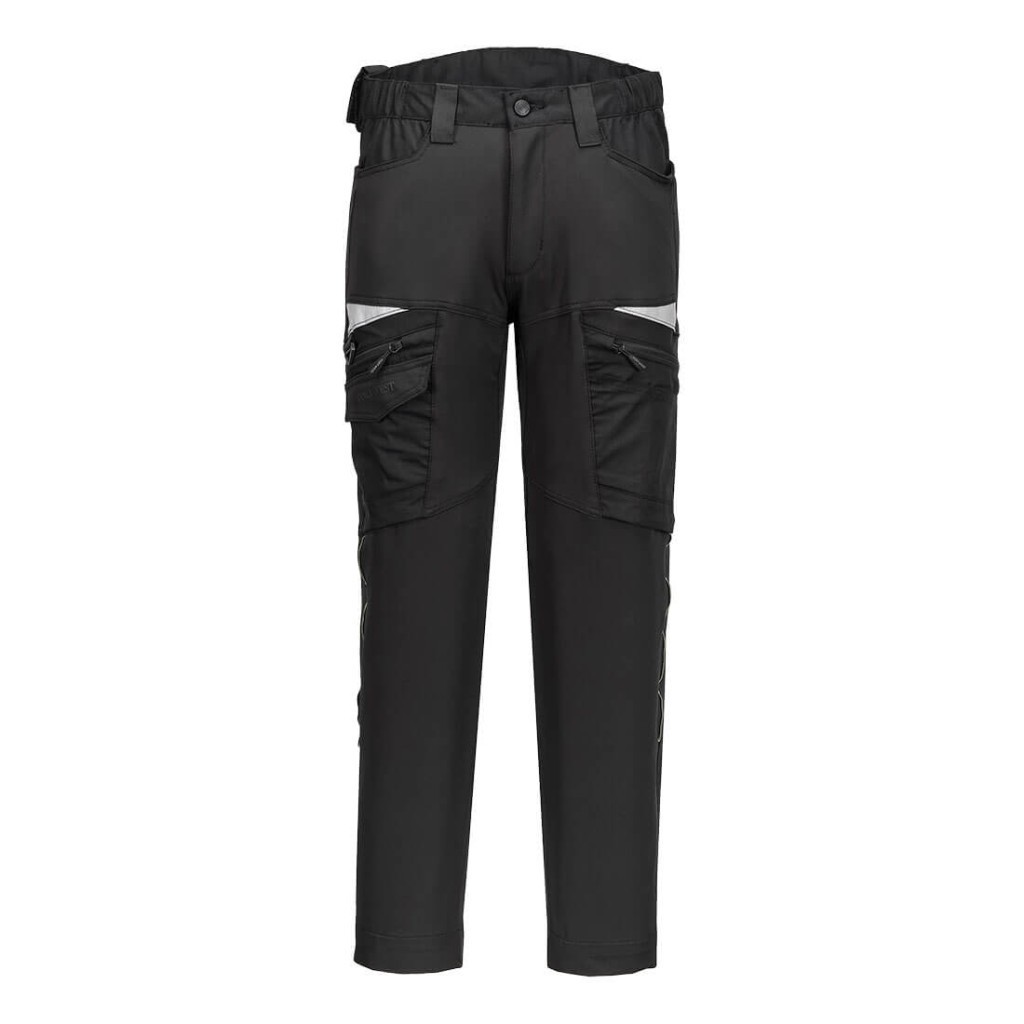 A pair of black work trousers designed for use on construction sites and in industrial work environments.,