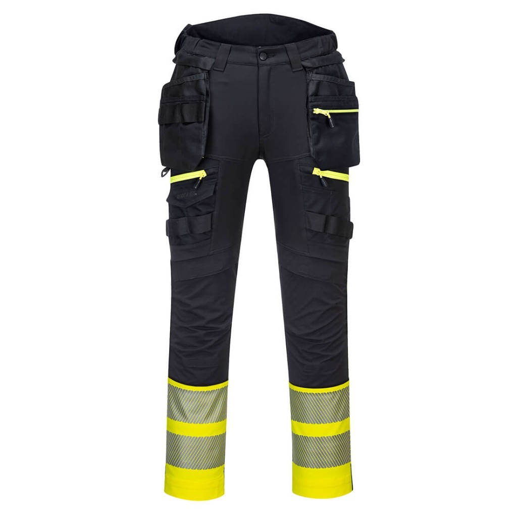 A pair of high-visibility yellow trousers featuring retroreflective tape panels, functional pockets, suitable for a wide range of outdoor and site work applications.