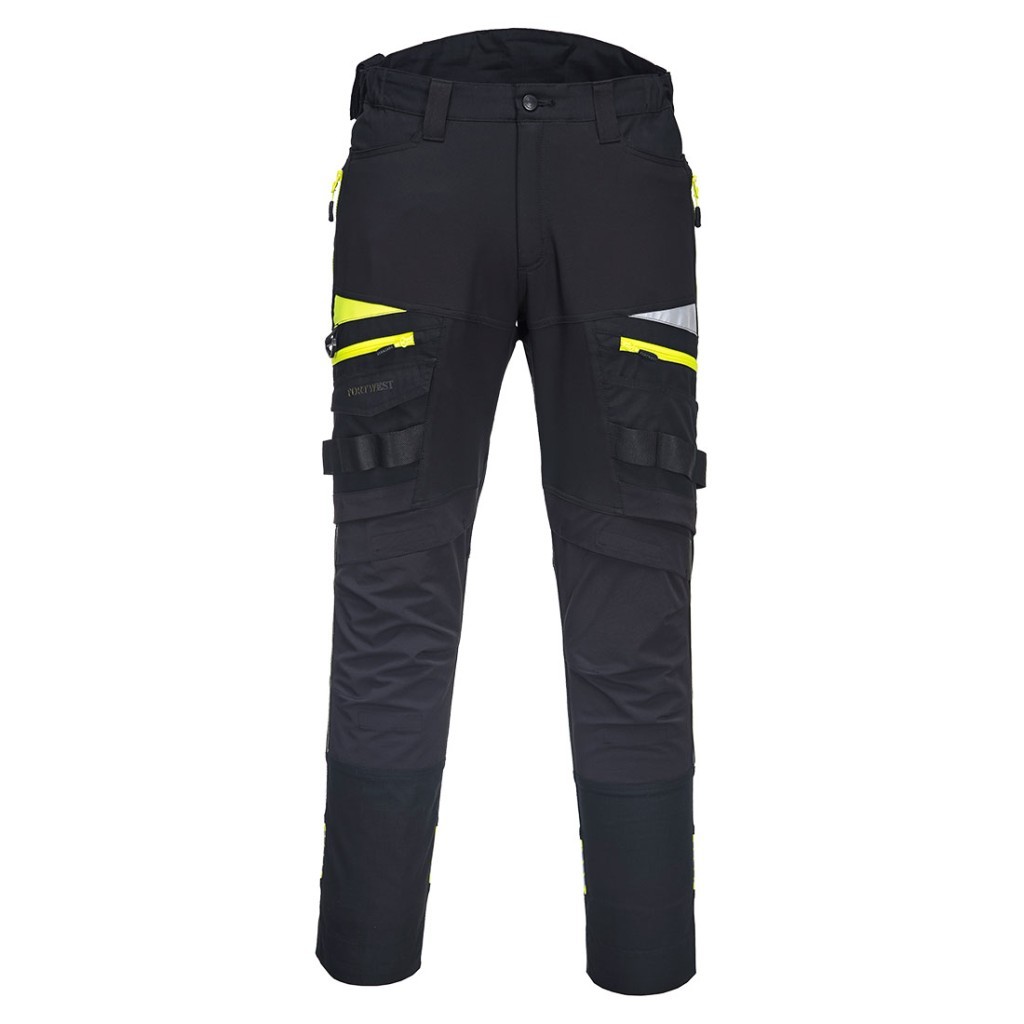 A pair of black work trousers designed for use on construction sites and in industrial work environments.,