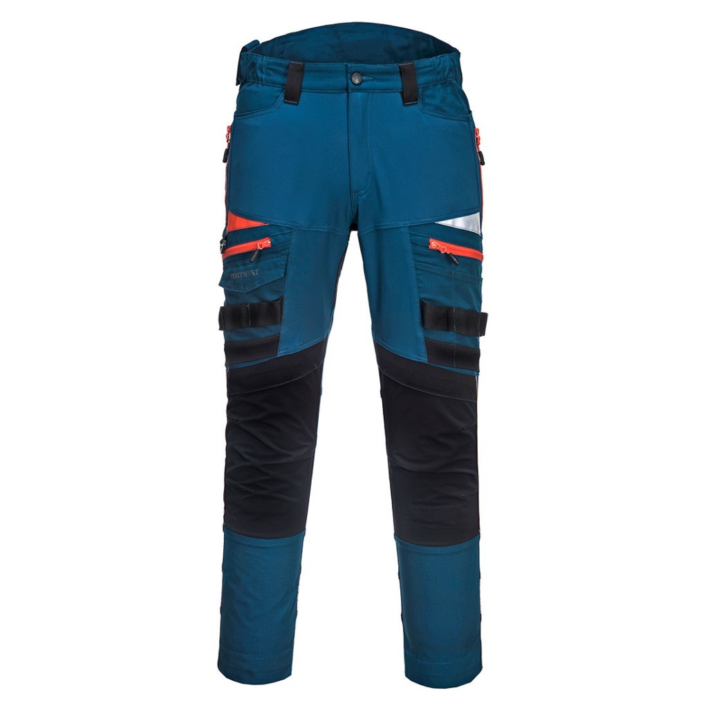 A pair of blue work trousers designed for use on construction sites and in industrial work environments.,