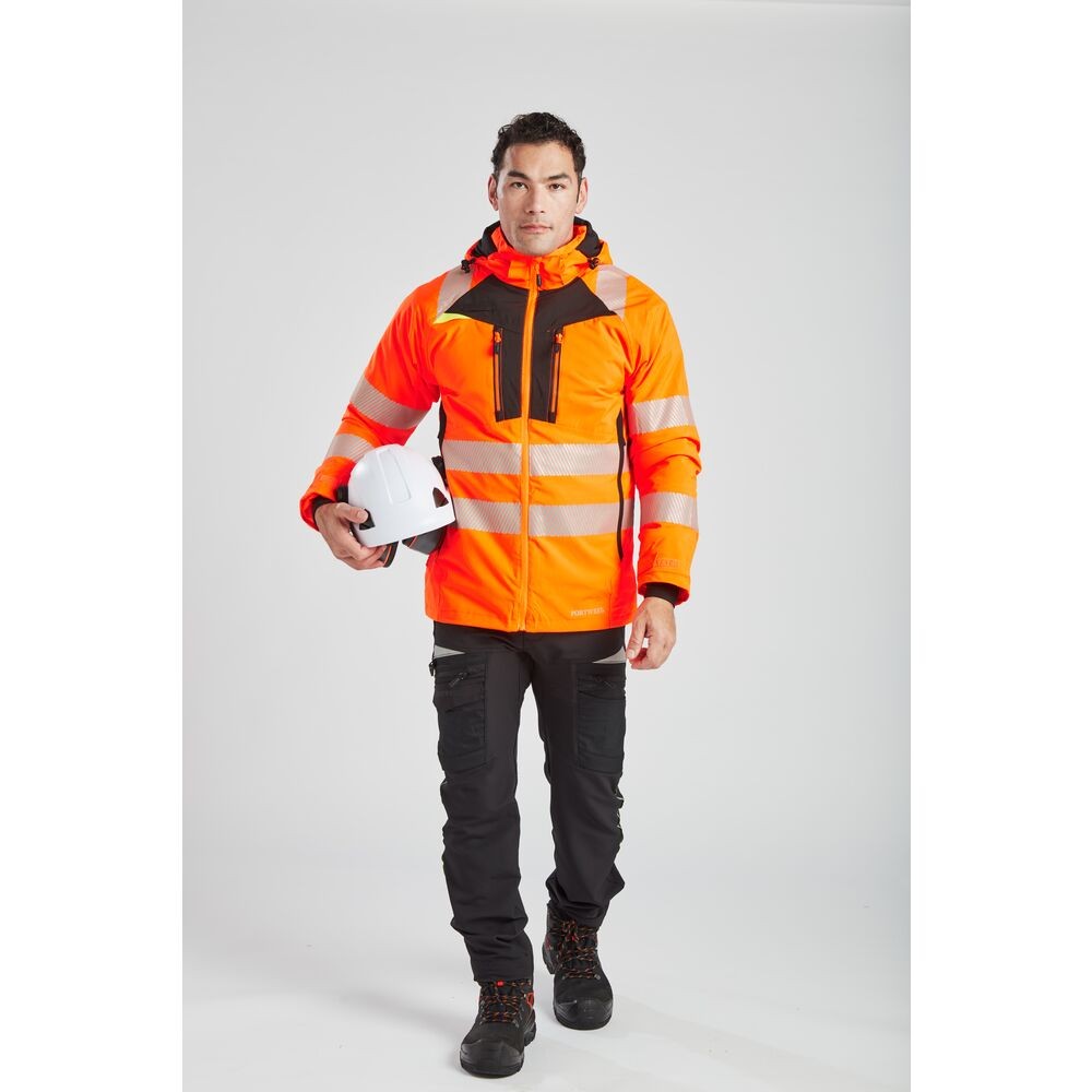 A high-visibility orange jacket featuring retroreflective tape panels, suitable for a wide range of outdoor and site work applications.