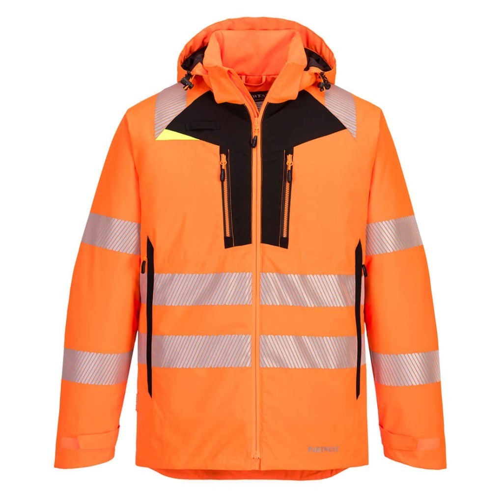 A high-visibility orange jacket featuring retroreflective tape panels, suitable for a wide range of outdoor and site work applications.
