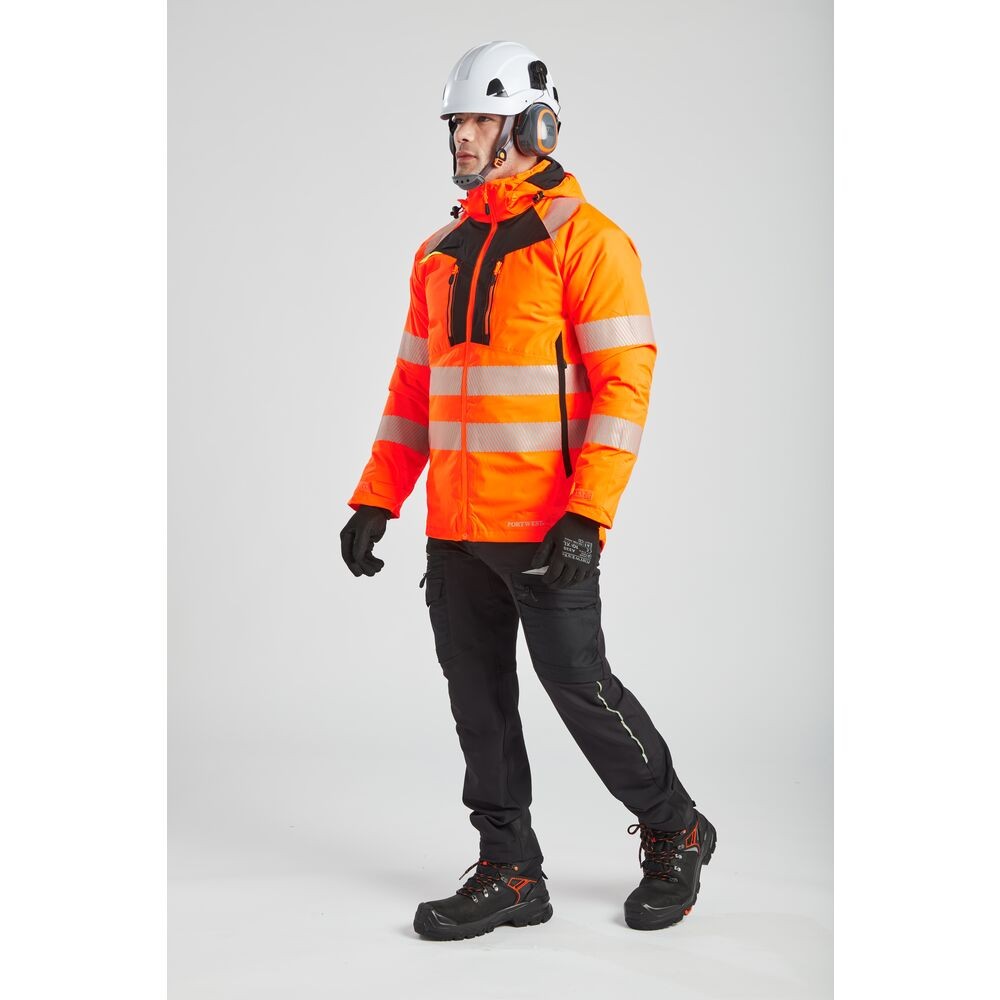 A high-visibility orange jacket featuring retroreflective tape panels, suitable for a wide range of outdoor and site work applications.